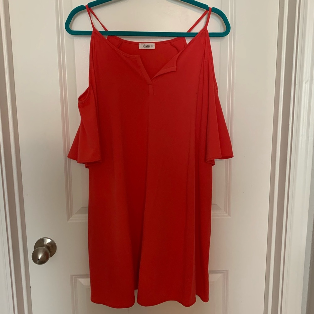Coral shift dress with open shoulders
